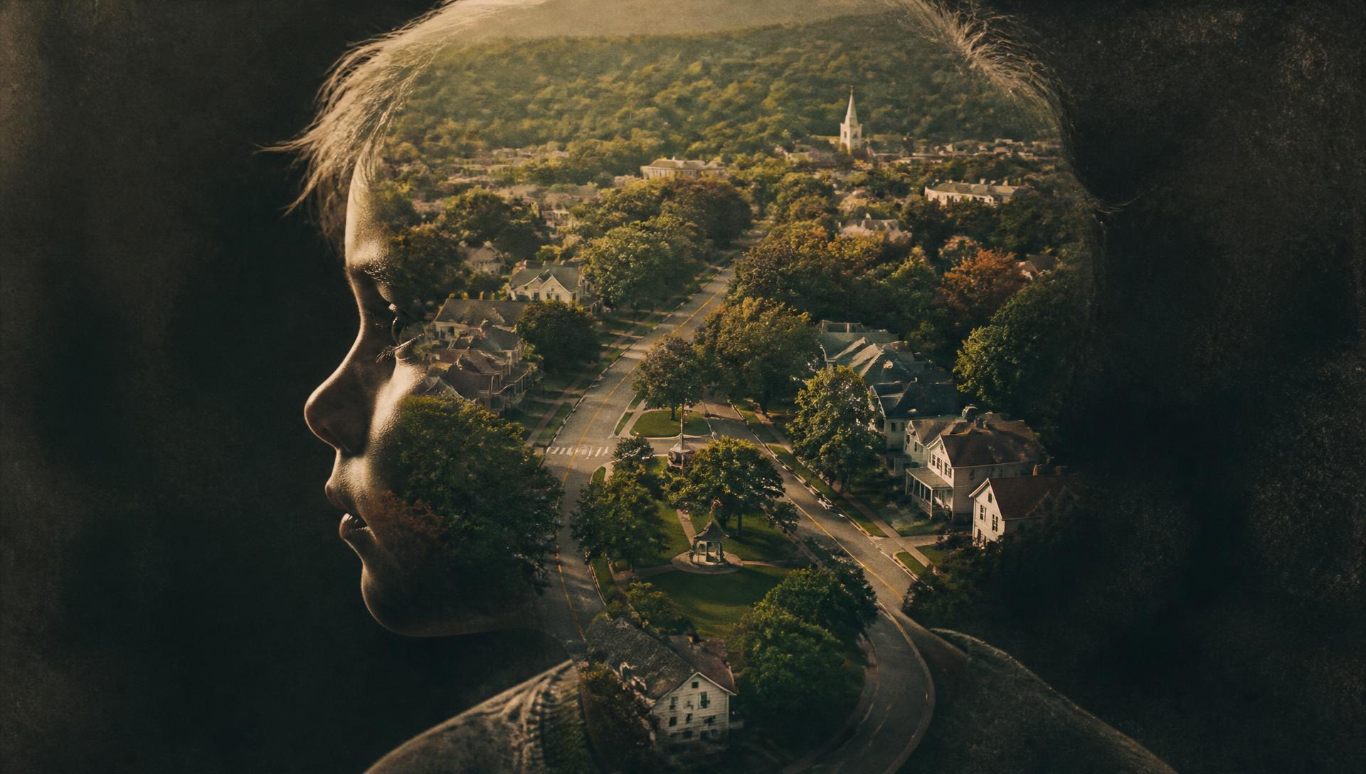 Double exposure of a child's profile blended with an aerial view of a New England neighborhood