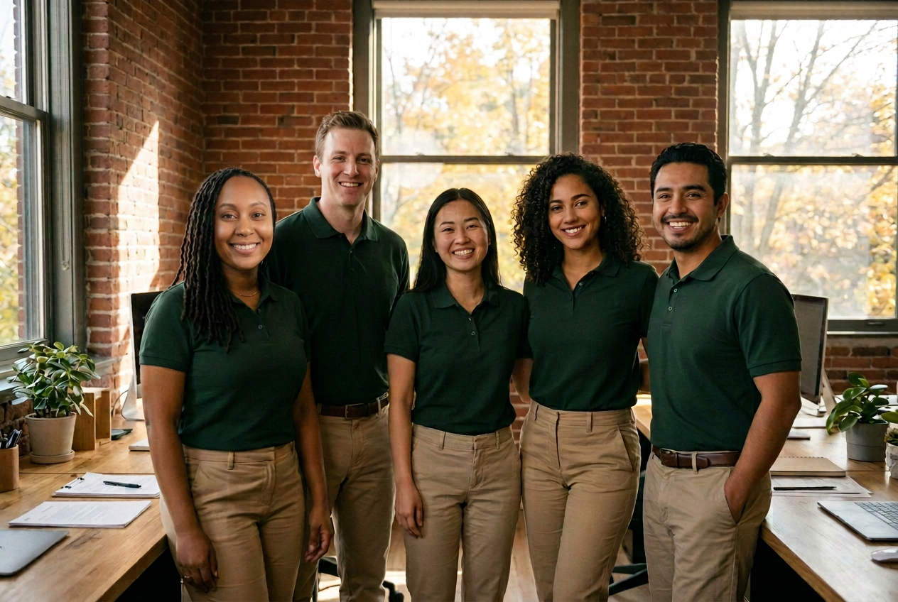 Audriana Vassel with Harmony House colleagues in matching dark green polo shirts, standing together in a sunlit office