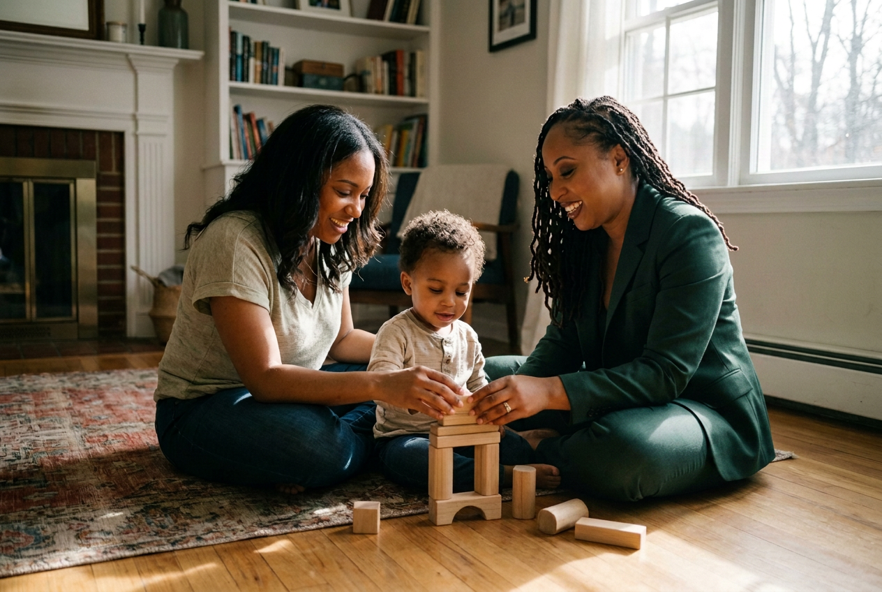 Audriana Vassel playing with wooden blocks beside a parent and young child at home