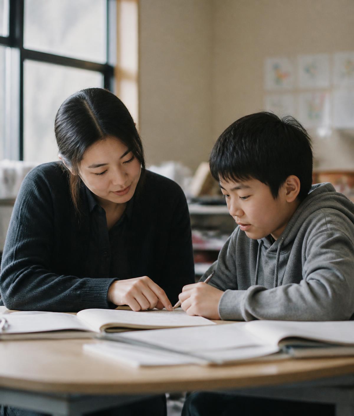 A school-based support professional working beside a student in a classroom