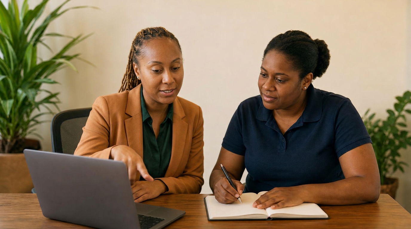 Harmony, the Harmony House virtual concierge, reviewing program plans on a laptop with the founder during a consultation