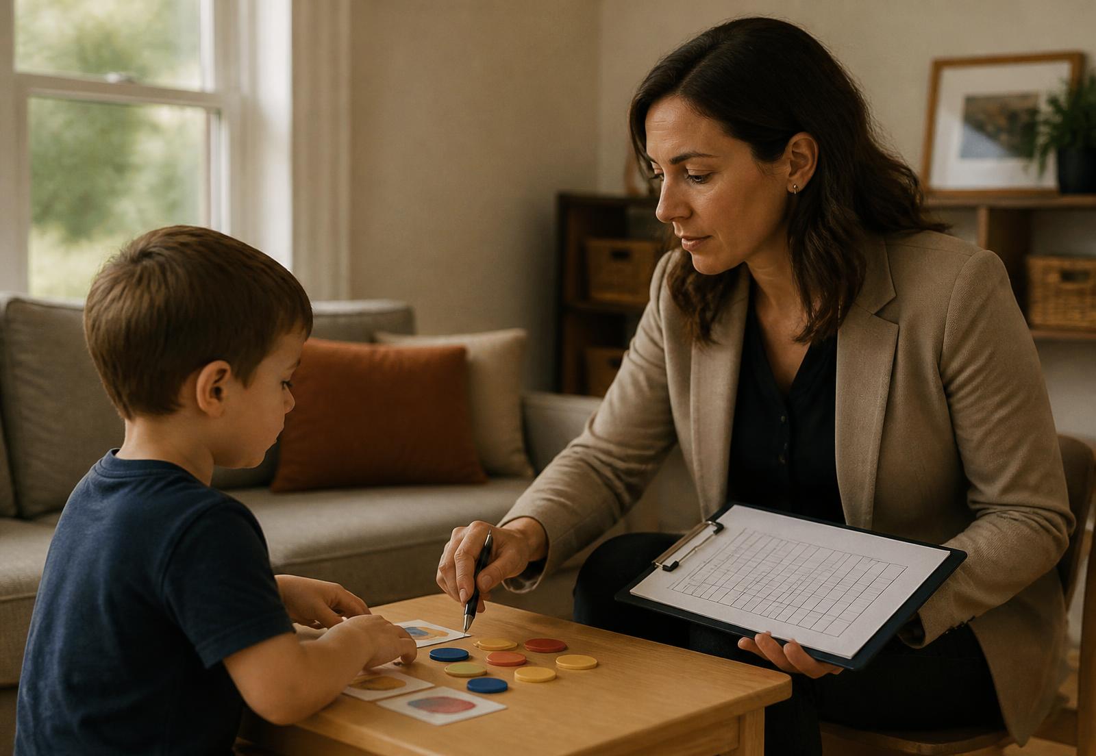A behavior therapist coaching a parent through a bedtime routine with a toddler at home