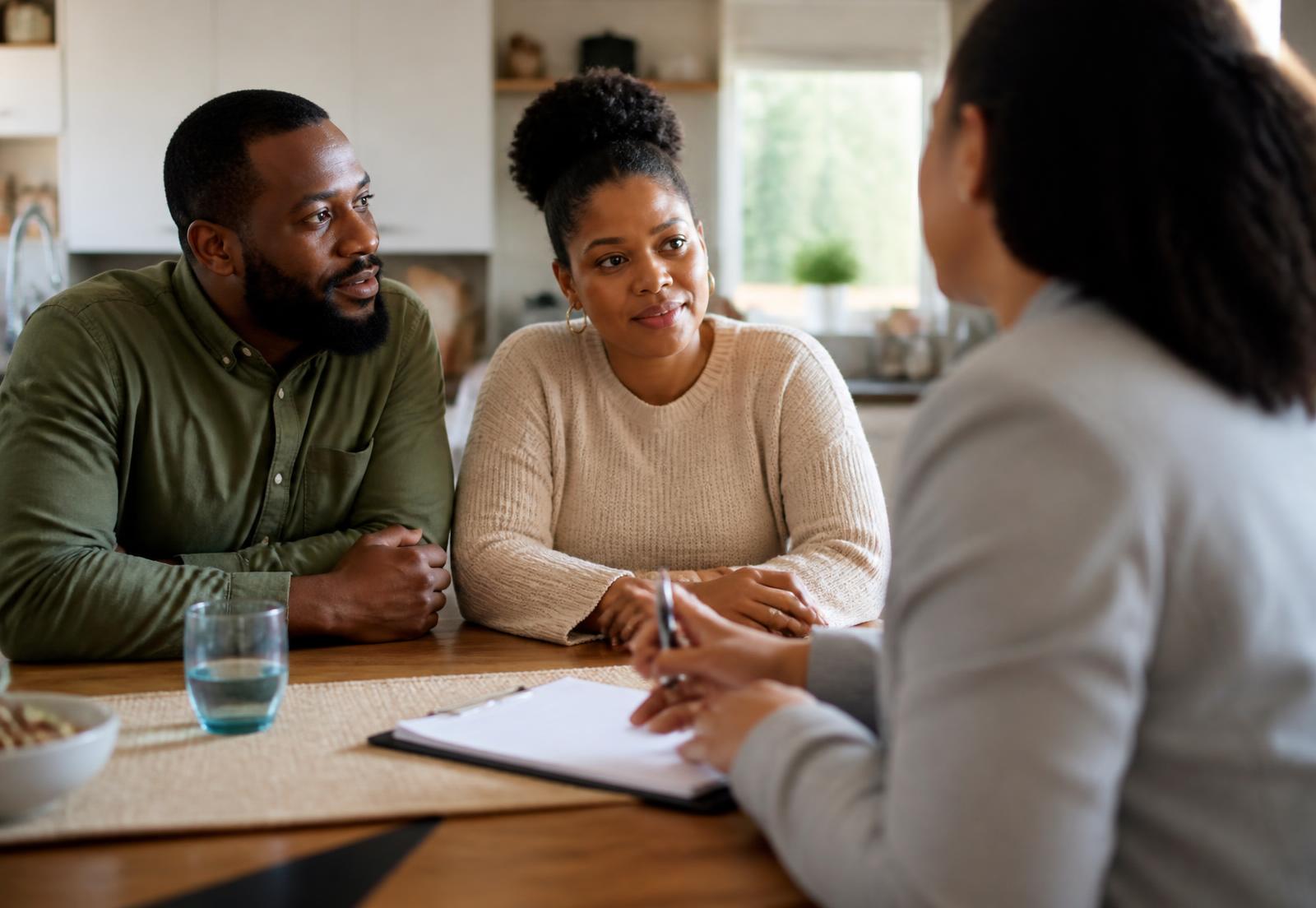 Two parents talking with a clinician across a kitchen table while taking notes